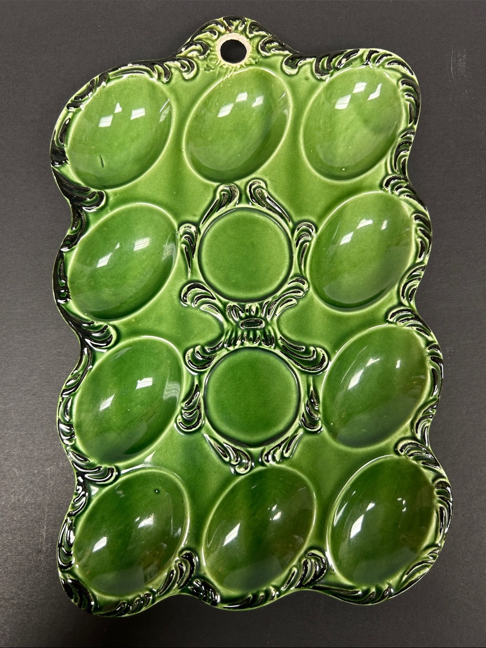 Vintage 1970’s 9 x 6 glazed ceramic avocado green 10 spot deviled egg platter